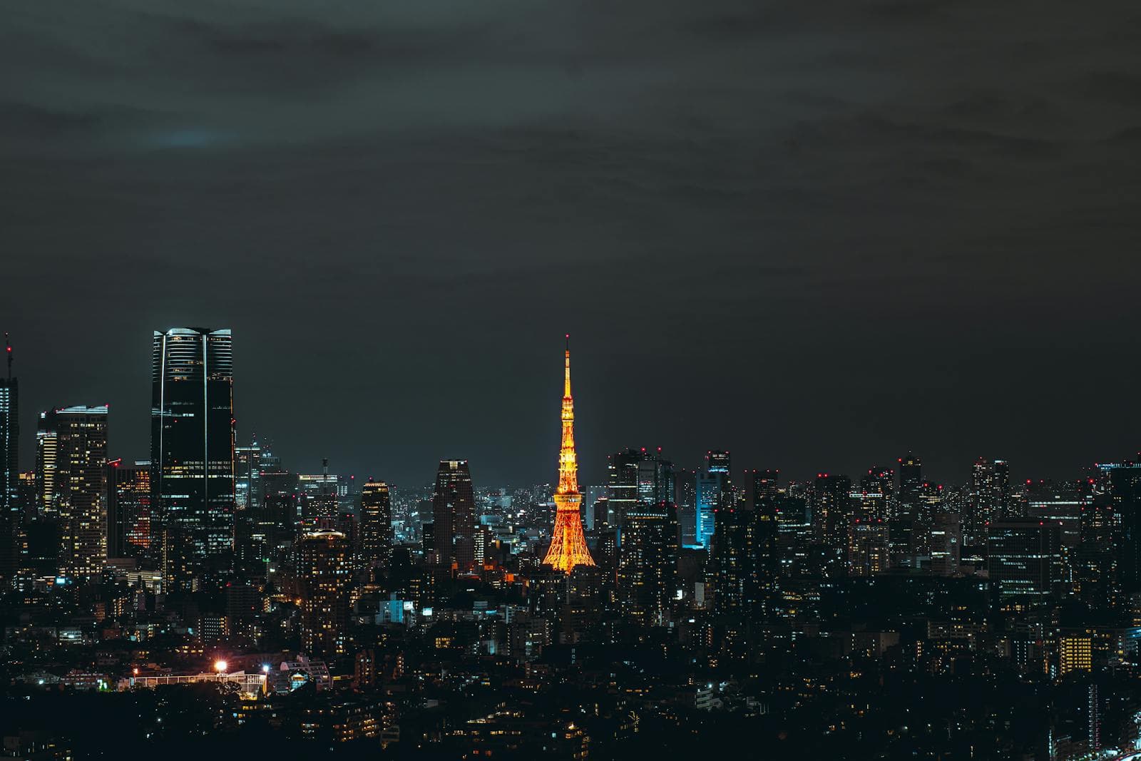 Tokyo skyline at night with the illuminated Tokyo Tower.